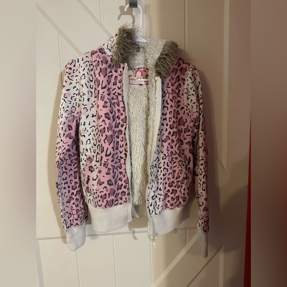 Pink leopard print jacket with fur trim hood,ocean pacific brand